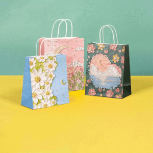 Colorful printing design on white kraft paper bags with flat & twisted handles for makeup & retail business