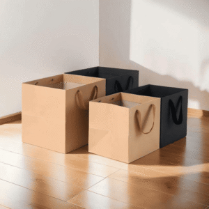 Brown kraft paper bags with flat handles and eco-friendly material for retail and food packaging