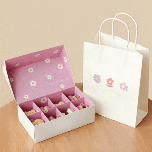 Custom pastry gift boxes and bags with grid bakery packaging for Macarons & Treats
